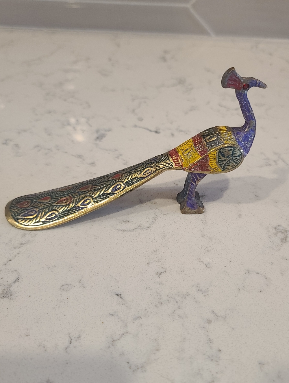 Vintage Decorative Brass Peacock With Colorful Enamel Accents